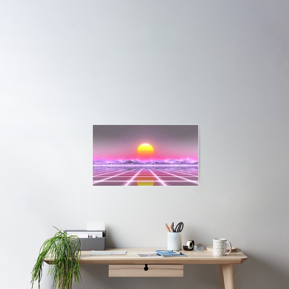 80s retro sun in synthwave landscape (Lilac/Purple/Pink) Poster