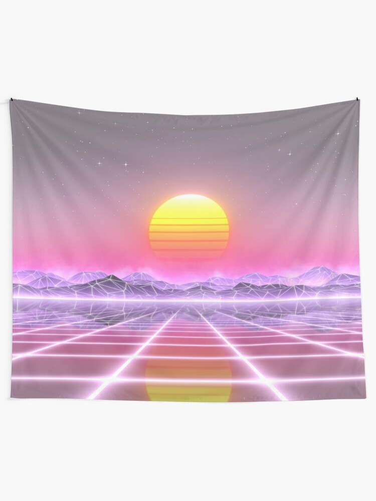 Alternate view of 80’s retro sun in synthwave landscape (Lilac/Purple/Pink) Tapestry