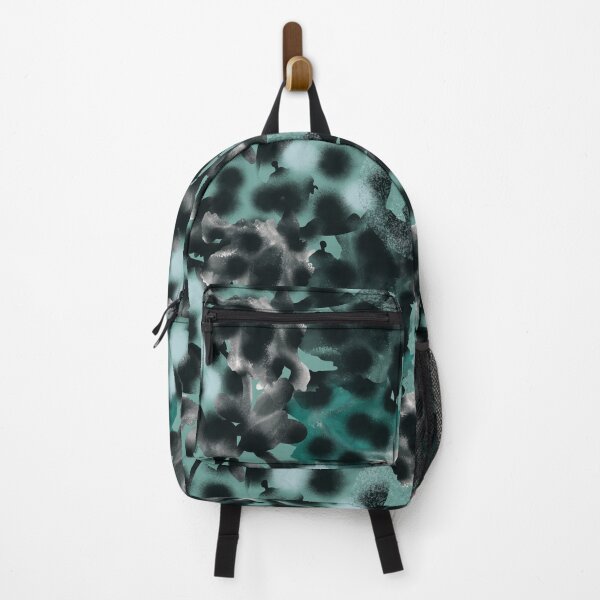 Item preview, Seamless abstract teal pattern in military style and tai-dye technique with large black peas stylized as a spray of paint. designed and sold by ANAKOTO.