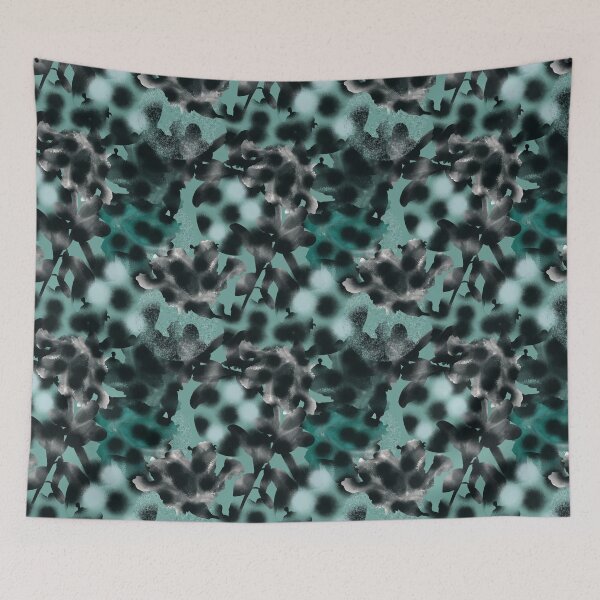 Item preview, Seamless abstract teal pattern in military style and tai-dye technique with large black peas stylized as a spray of paint. designed and sold by ANAKOTO.