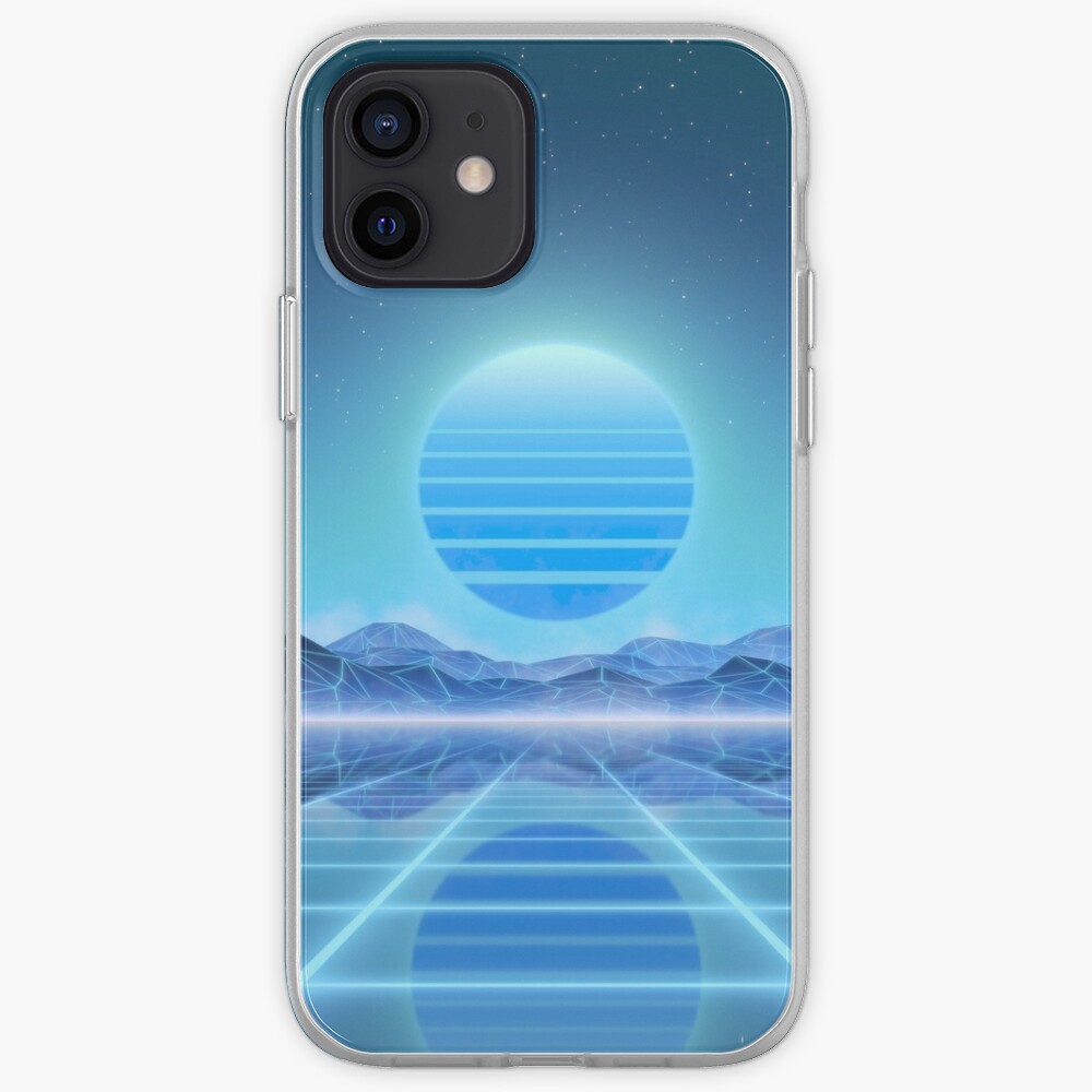 80s retro sun in synthwave landscape (Blue) iPhone Case