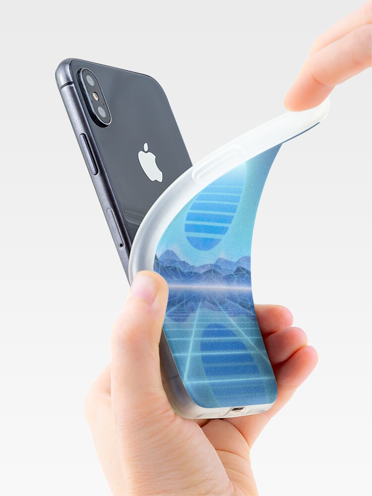 Alternate view of 80’s retro sun in synthwave landscape (Blue) iPhone Case