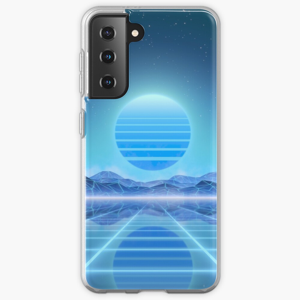 80s retro sun in synthwave landscape (Blue) Samsung Galaxy Phone Case