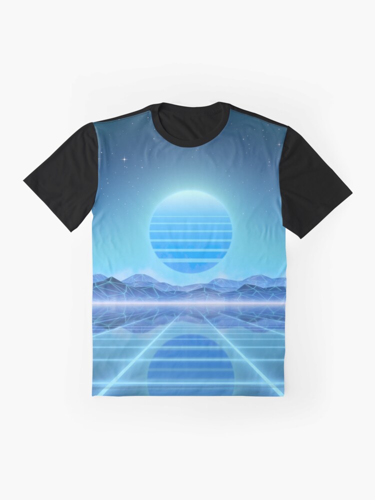 Alternate view of 80’s retro sun in synthwave landscape (Blue) Graphic T-Shirt