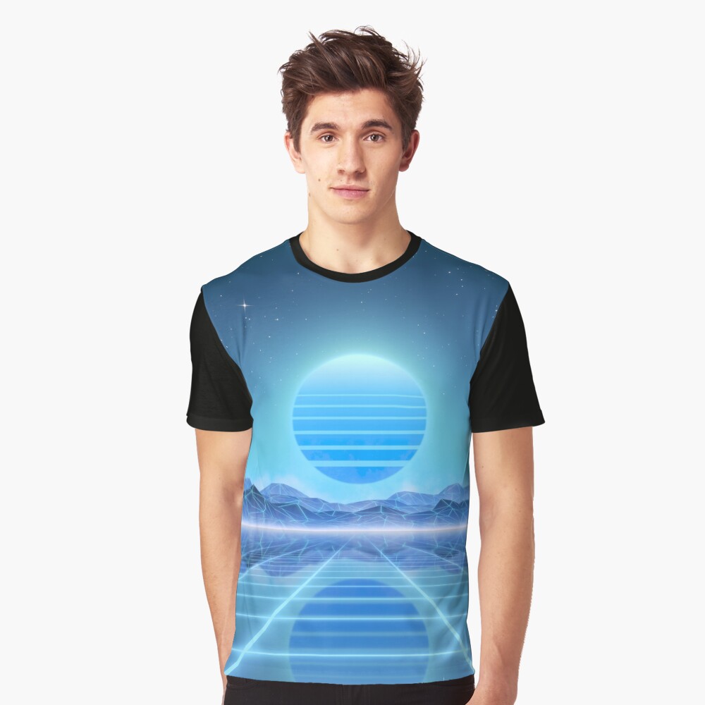 80’s retro sun in synthwave landscape (Blue) Graphic T-Shirt