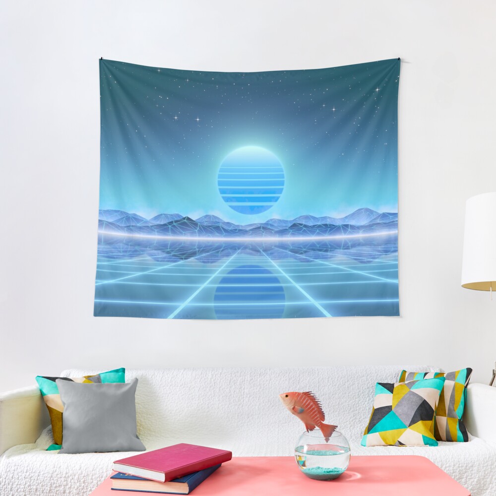 80’s retro sun in synthwave landscape (Blue) Tapestry