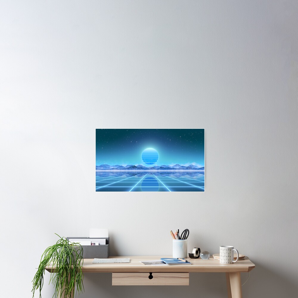 80’s retro sun in synthwave landscape (Blue) Poster