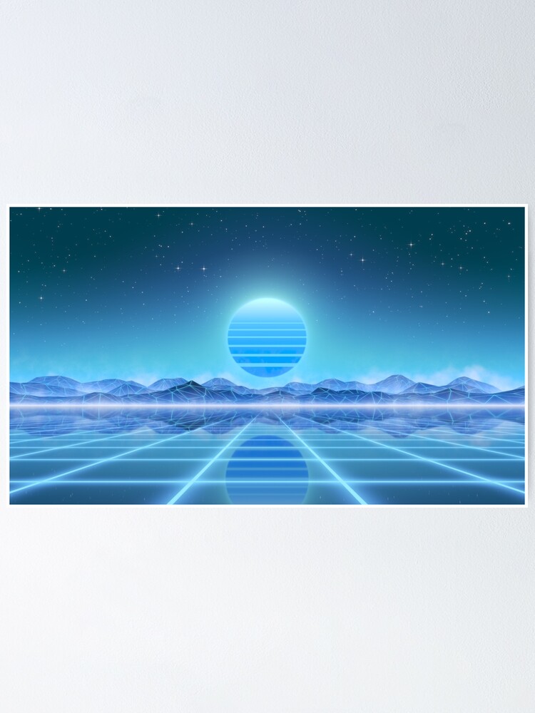 Alternate view of 80’s retro sun in synthwave landscape (Blue) Poster