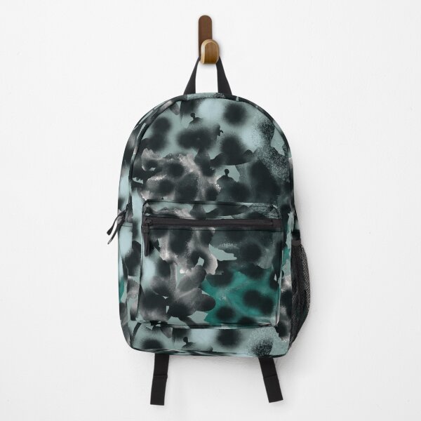 Item preview, Seamless abstract teal pattern in military style and tai-dye technique with large black peas stylized as a spray of paint. designed and sold by ANAKOTO.