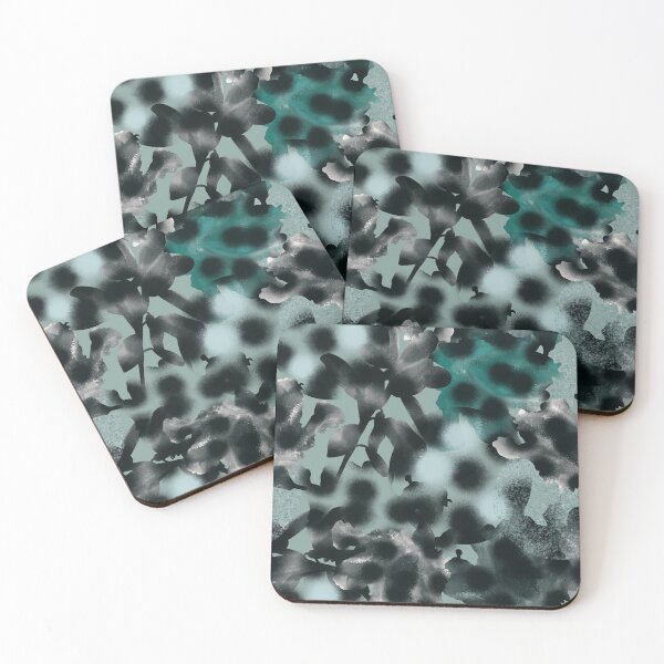 Item preview, Seamless abstract teal pattern in military style and tai-dye technique with large black peas stylized as a spray of paint. designed and sold by ANAKOTO.
