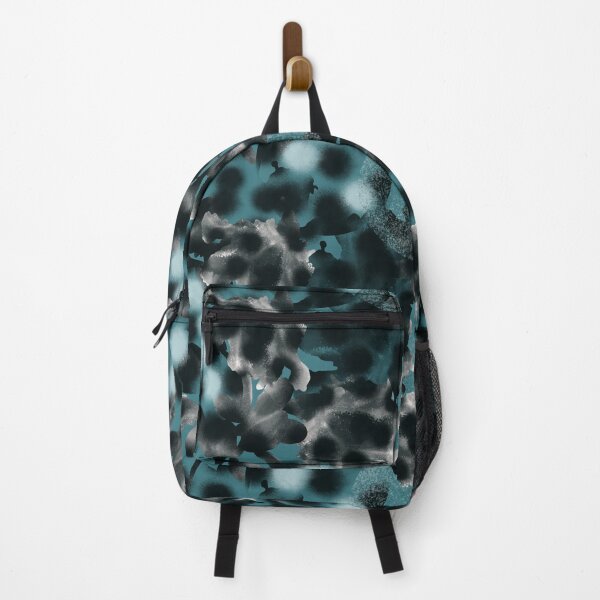 Item preview, Seamless abstract teal pattern in military style and tai-dye technique with large black peas stylized as a spray of paint. designed and sold by ANAKOTO.