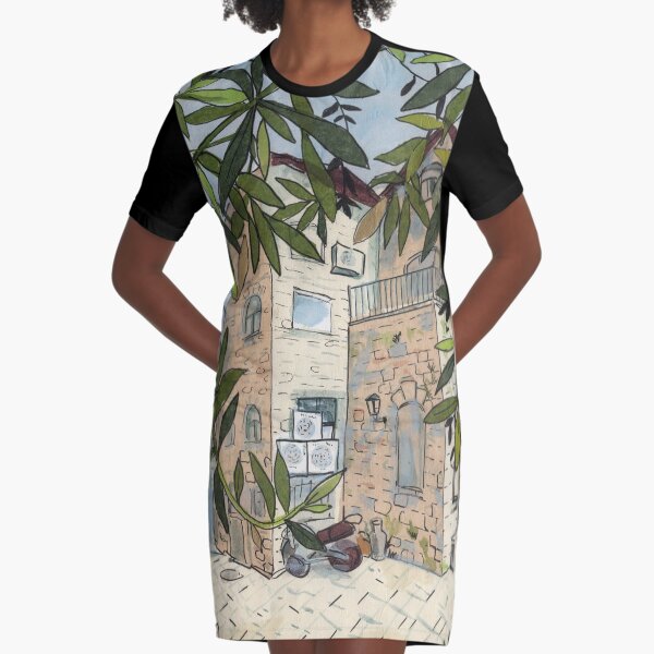Courtyard in Haifa, Israel, Urban Sketch Collage Ink Pen Tissue Paper Graphic T-Shirt Dress