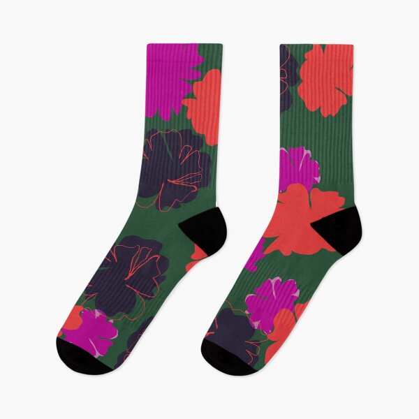 Item preview, Large abstract flowers, red, pink, navy on dark green designed and sold by Nadezda Kravcenko.