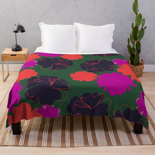 Item preview, Large abstract flowers, red, pink, navy on dark green designed and sold by Nadezda Kravcenko.