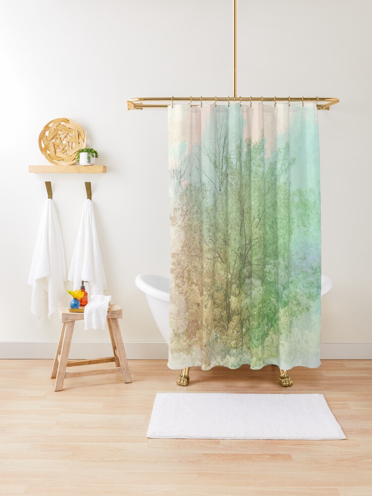 Thumbnail 1 of 5, Shower Curtain, Pastel Spring - Dreamy Crab Apple Tree designed and sold by OneDayArt.