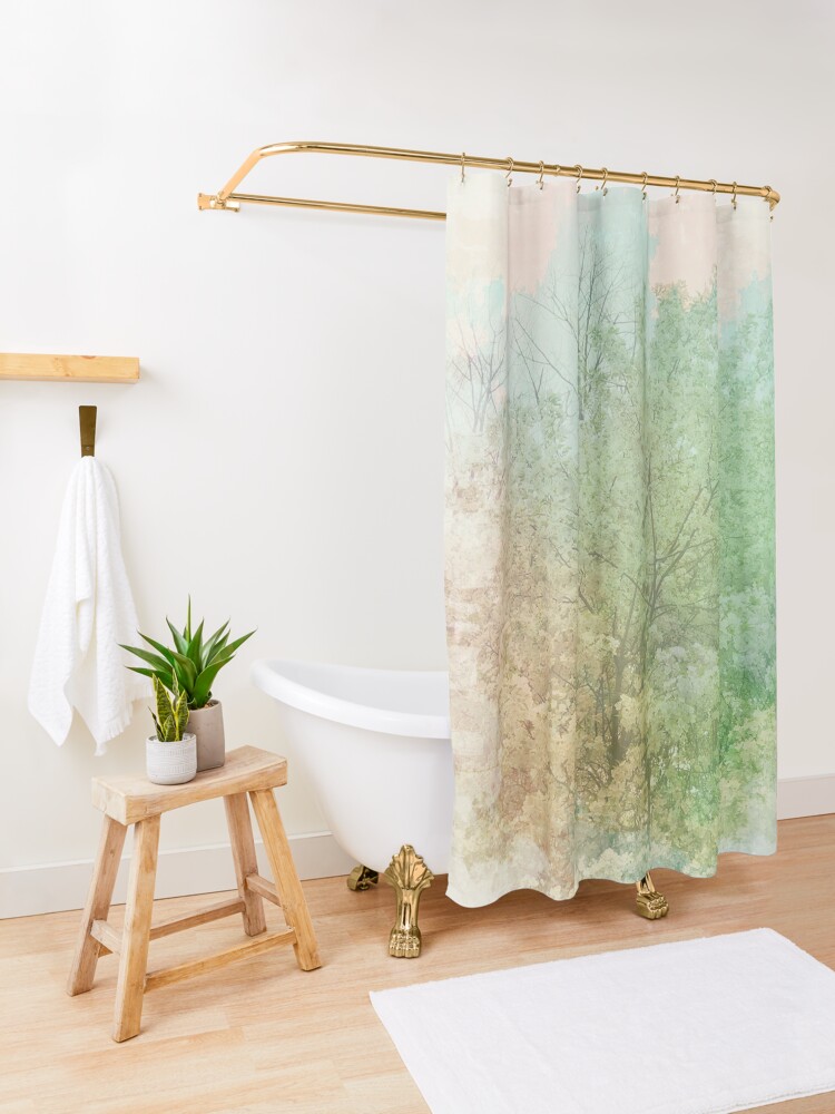 Thumbnail 3 of 5, Shower Curtain, Pastel Spring - Dreamy Crab Apple Tree designed and sold by OneDayArt.