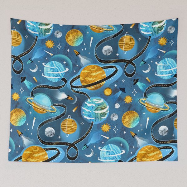 Item preview, Highway to Intergalactic Adventures - Cerulean Blue & Mustard Yellow designed and sold by TigaTiga.