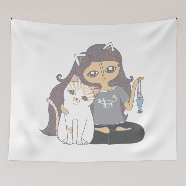 Item preview, girl with cat and fish designed and sold by chintaparchu.