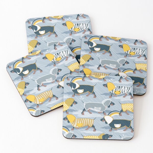 Item preview, April showers frenzy // pastel blue background dachshunds dogs with yellow and transparent rain coats designed and sold by SelmaCardoso.