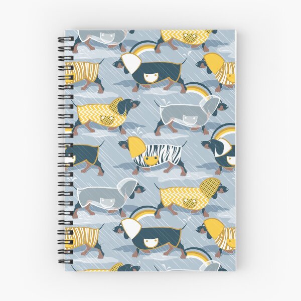 Item preview, April showers frenzy // pastel blue background dachshunds dogs with yellow and transparent rain coats designed and sold by SelmaCardoso.