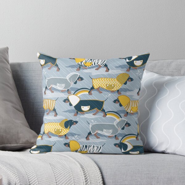 Item preview, April showers frenzy // pastel blue background dachshunds dogs with yellow and transparent rain coats designed and sold by SelmaCardoso.