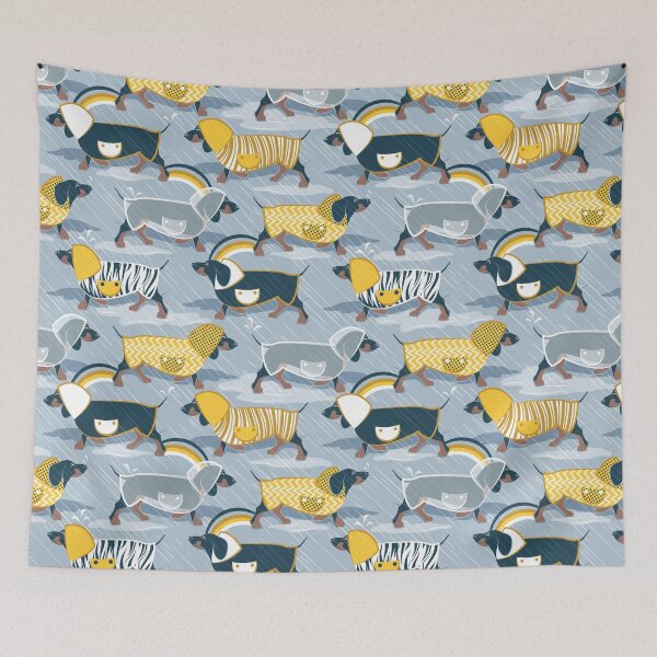 Item preview, April showers frenzy // pastel blue background dachshunds dogs with yellow and transparent rain coats designed and sold by SelmaCardoso.