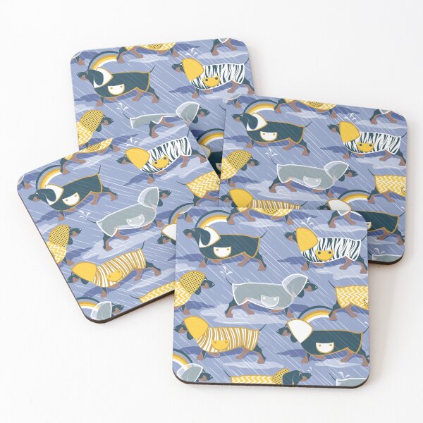 Item preview, April showers frenzy // indigo blue background dachshunds dogs with yellow and transparent rain coats designed and sold by SelmaCardoso.