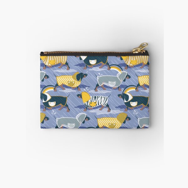 Item preview, April showers frenzy // indigo blue background dachshunds dogs with yellow and transparent rain coats designed and sold by SelmaCardoso.