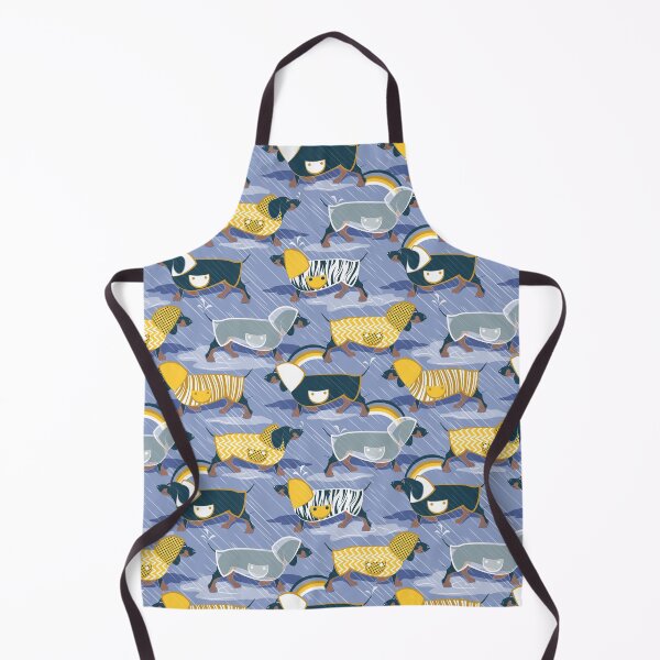 Item preview, April showers frenzy // indigo blue background dachshunds dogs with yellow and transparent rain coats designed and sold by SelmaCardoso.