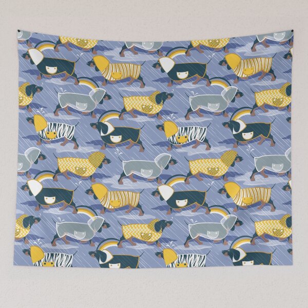 Item preview, April showers frenzy // indigo blue background dachshunds dogs with yellow and transparent rain coats designed and sold by SelmaCardoso.