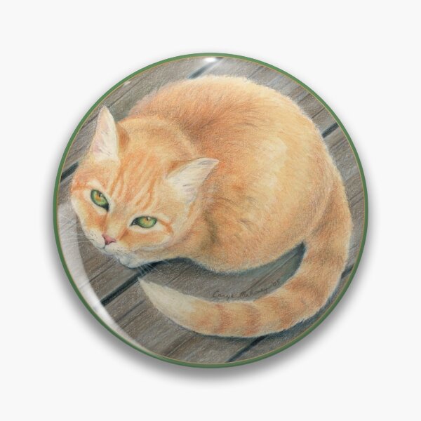Artikelvorschau, Orange getigerte Katze mit grünen und goldenen Augen, die zum Betrachter aufblickend - "Miau?" entworfen und verkauft von Carye VanDerPol Mahoney.