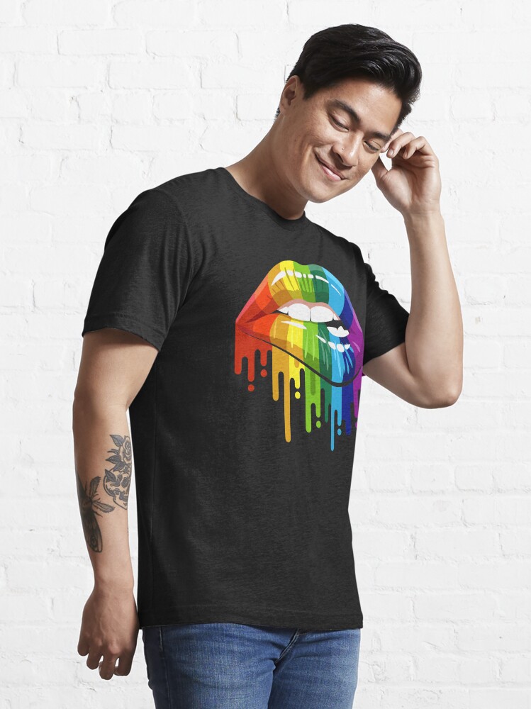 Disover Pride Art Sexy Mouth Biting Lower Lip and Dripping Rainbow Colors | Essential T-Shirt 
