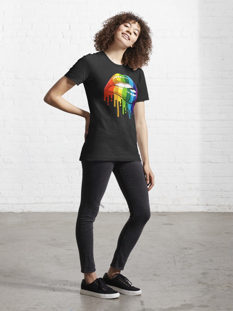 Disover Pride Art Sexy Mouth Biting Lower Lip and Dripping Rainbow Colors | Essential T-Shirt 