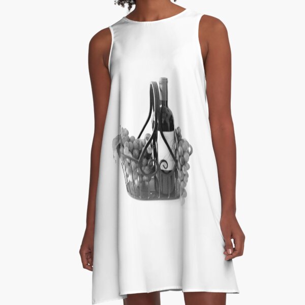 Basket of Wine and Grapes in Black and White A-Line Dress