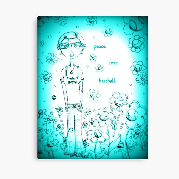 Blue Peace Love and Baseball - Whimsical Folk Art Girl Canvas Print