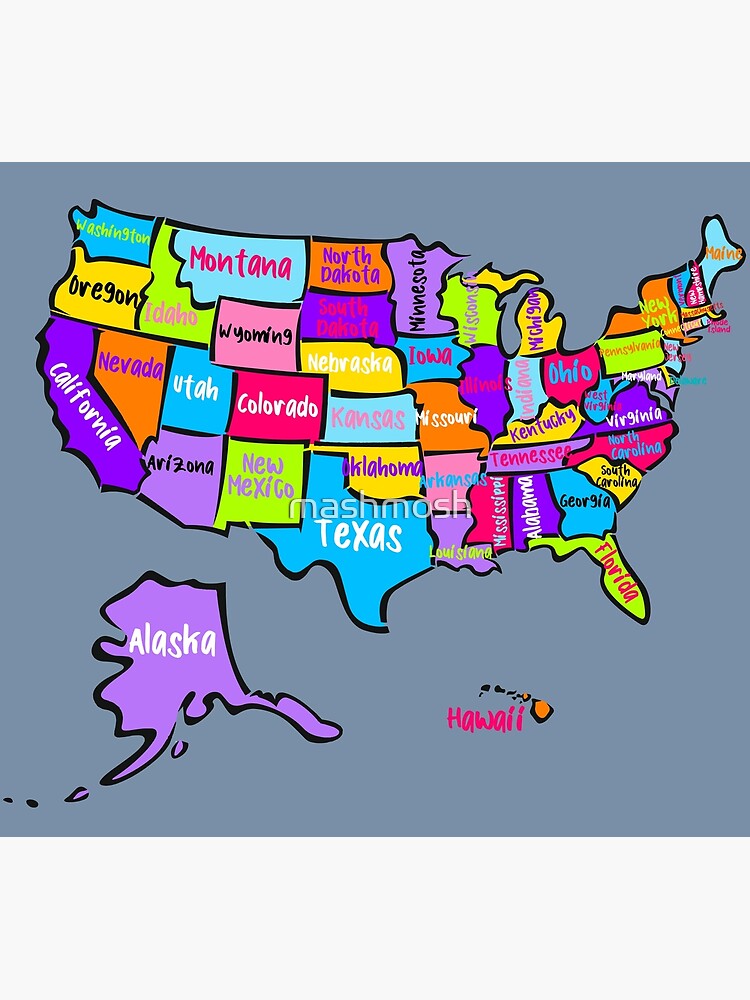 Carte des États-Unis avec les noms des États, carte des États-Unis aux  couleurs vives, USA | Poster
