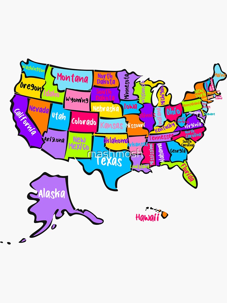 US Map with states names, bright color United States map, USA | Sticker