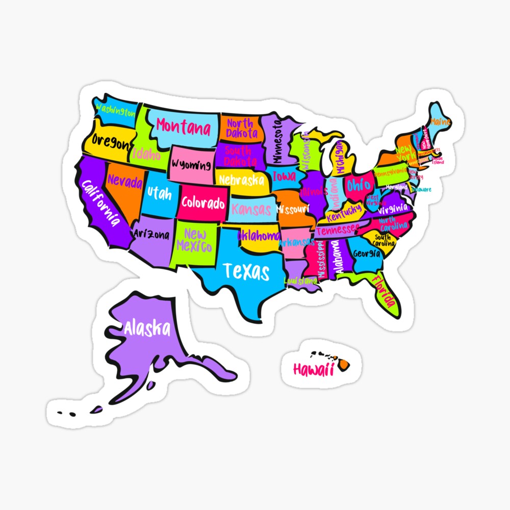  US Map with states names, bright color United States  map, USA  | Art Board Print