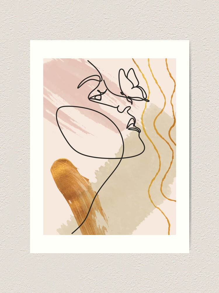 Impression artistique « Visage de femme avec papillon. Dessin au trait ...