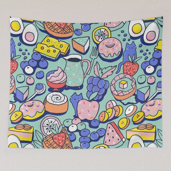 Item preview, Breakfast party. Pancakes, waffles, coffee, fruits, cheese, donuts and cute blueberry kitty cats. designed and sold by kostolom3000.