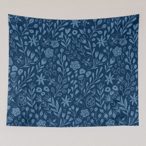 Item preview, Dark Navy flowers and bees pattern designed and sold by kostolom3000.