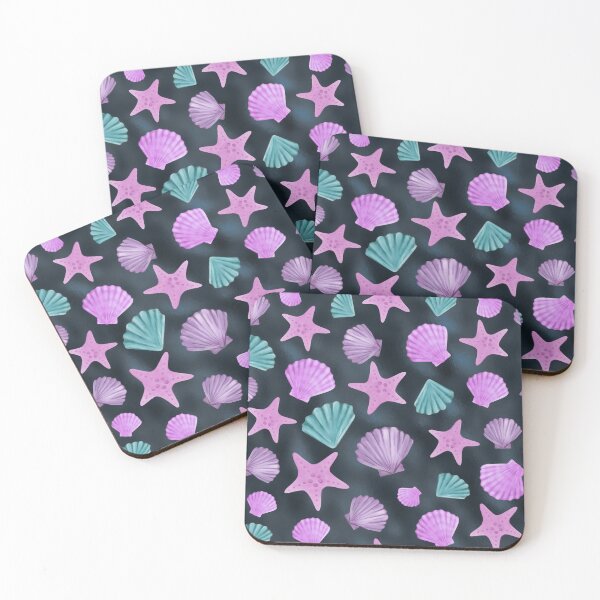 Item preview, Summery blue, pink and purple colored shells against a dark blue background, pretty pattern with silky smooth definition and watercolor painting effect designed and sold by Orianah.
