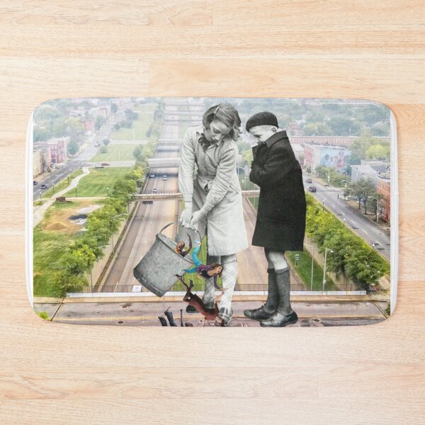 Item preview, Boy and Girl tip a Bucket of People onto a Road in a Misty City designed and sold by KALEIDOSCOPE UK.