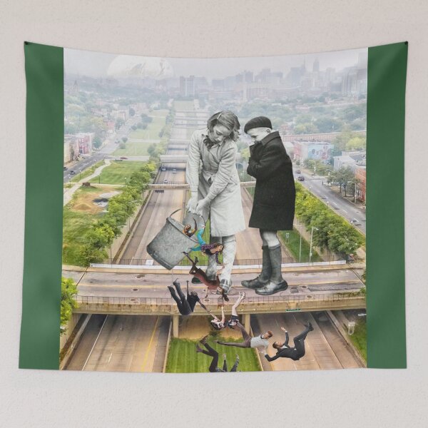 Item preview, Boy and Girl tip a Bucket of People onto a Road in a Misty City designed and sold by KALEIDOSCOPE UK.
