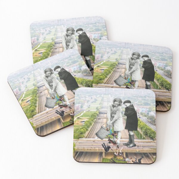 Item preview, Boy and Girl tip a Bucket of People onto a Road in a Misty City designed and sold by KALEIDOSCOPE UK.