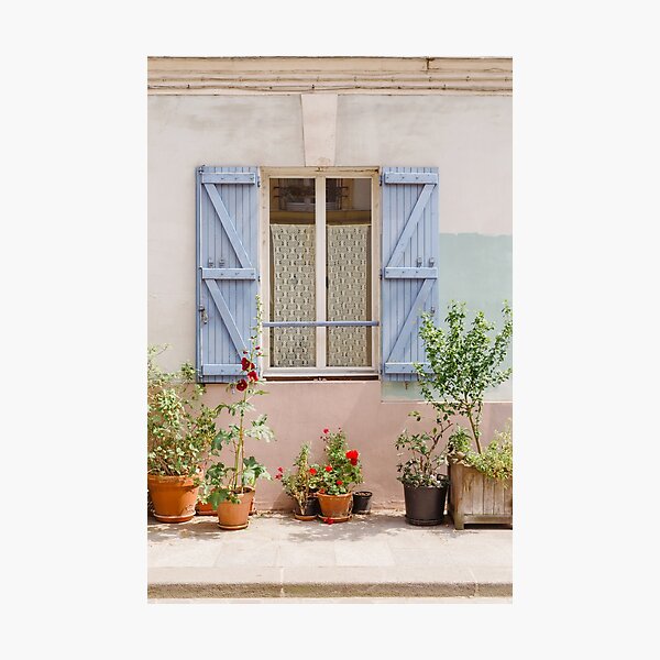 Aperçu de l'œuvre Paris charmante façade de printemps avec des plantes et des volets en bois bleu créée et vendue par ninasprintshop.