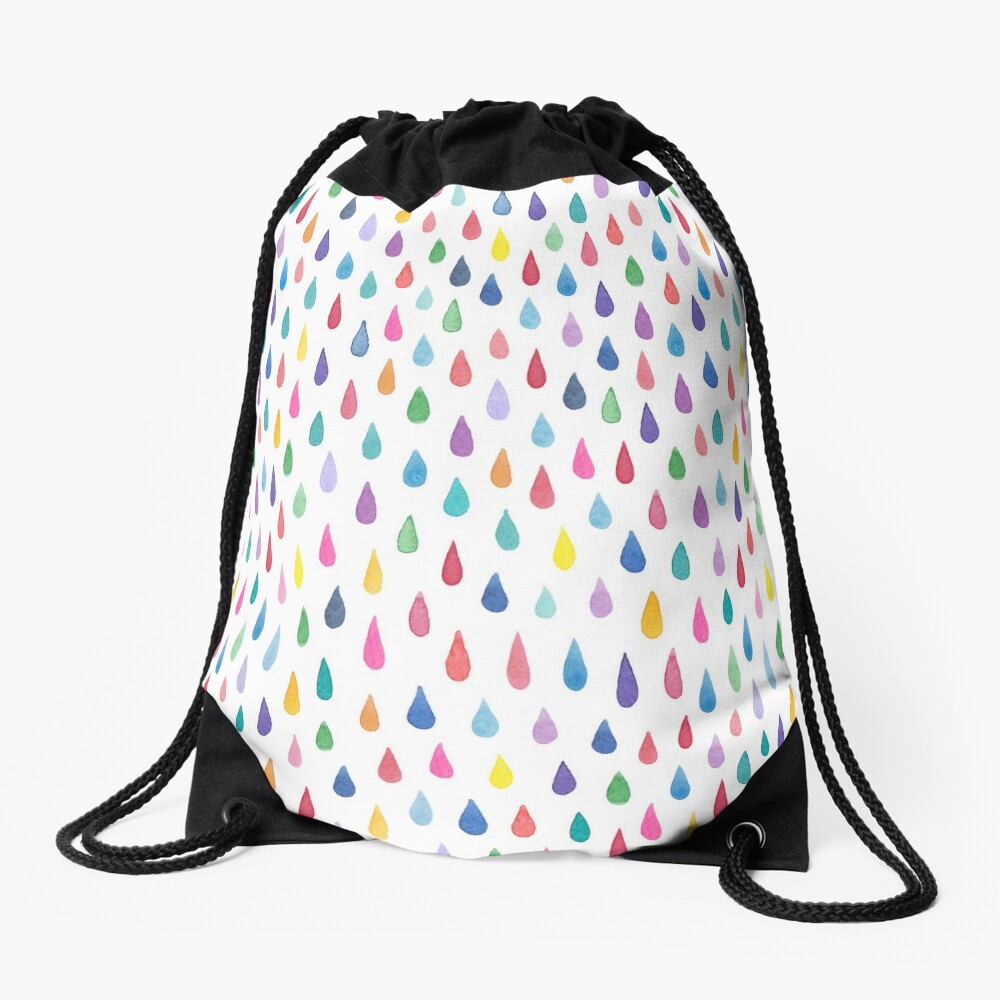 Rainbow raindrops - on white Drawstring Bag