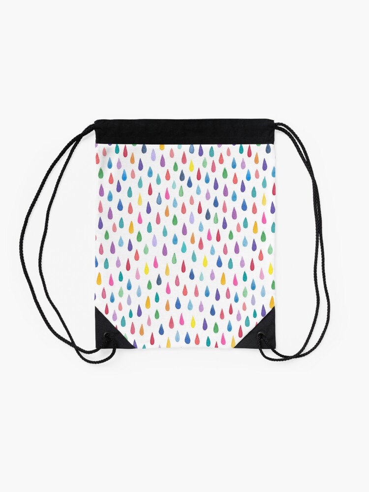 Alternate view of Rainbow raindrops - on white Drawstring Bag