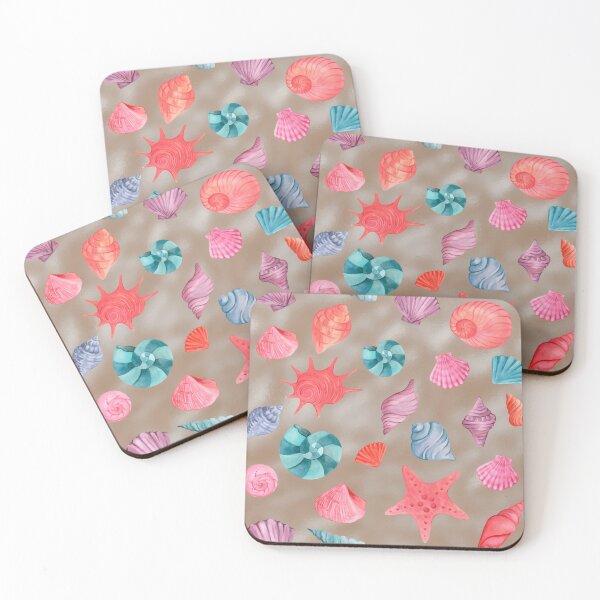 Item preview, Summery blue, pink, and purple sea shells against a sandy ripples background, pretty pattern with silky smooth definition and colorful watercolor painting effect designed and sold by Orianah.