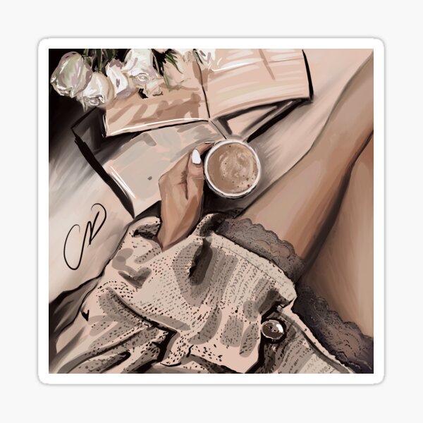 LADY WITH CUP OF COFFEE BEIGE Sticker